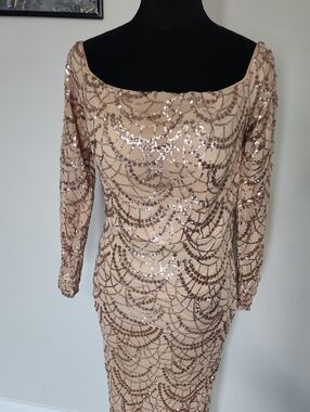 Sequin Beige Long-Sleeve Evening Dress